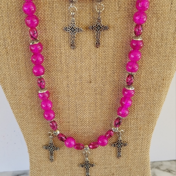 Hand Crafted Necklace and Earrings  Viva Magenta with Cross Charms Beaded Set - Picture 1 of 13